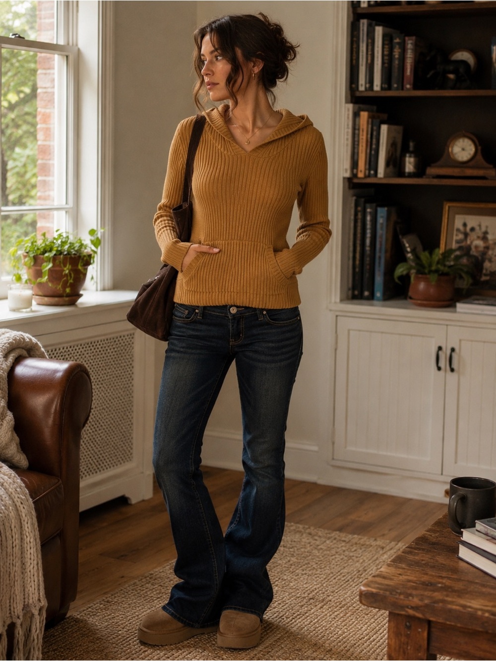 Moda International Camel Ribbed Knit Hoodie Sweater Kangaroo Pocket Size L